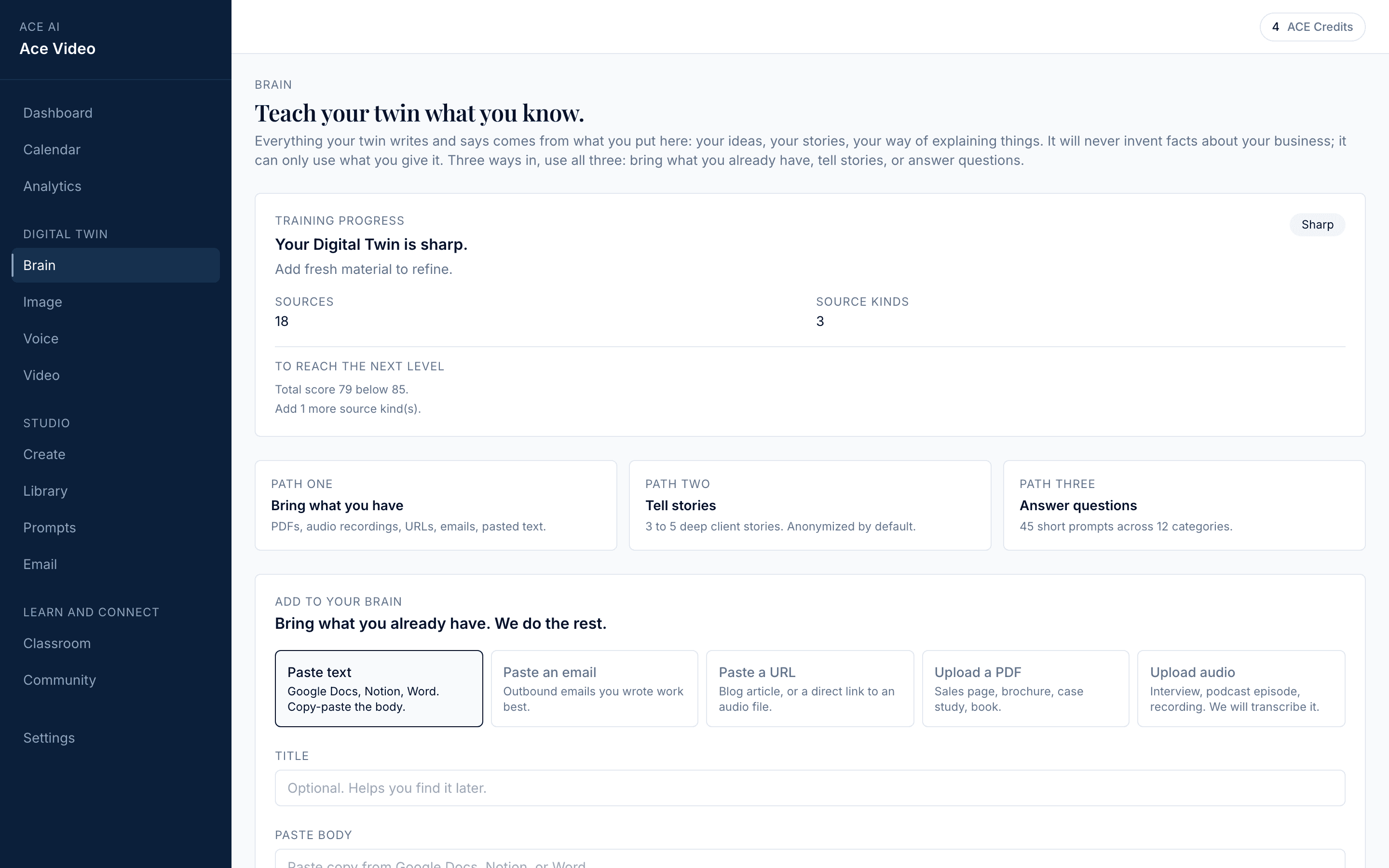 The Ace Video Brain screen with uploaded source material and readiness score